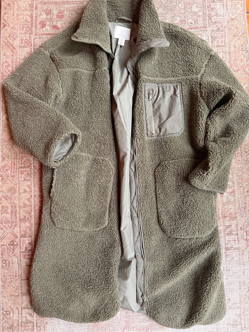 Cozy fall Olive Green Sherpa Long Coat